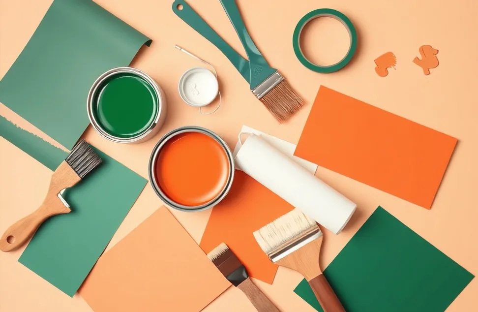 Pots de peinture, nuancier, brosses et rouleaux disposés à plat