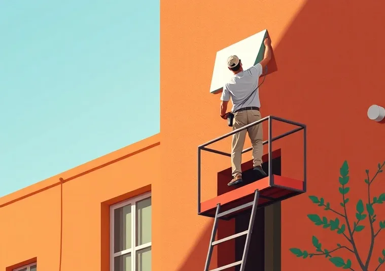 Peintre sur échafaudage traitant la façade d'une maison