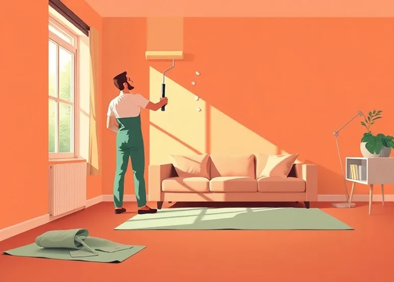 Peintre appliquant la peinture au rouleau sur un mur de salon